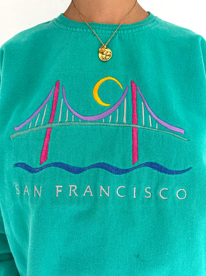 90s vintage teal san francisco retro graphic pullover sweater