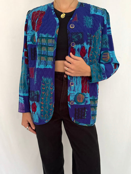 80s vintage blue abstract quilted button up jacket - medium, large | puffy light long sleeved blazer coat