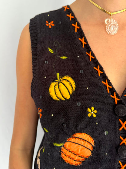 90s vintage fall pumpkin novelty knit sweater vest – medium | Halloween festive embroidered button up waistcoat