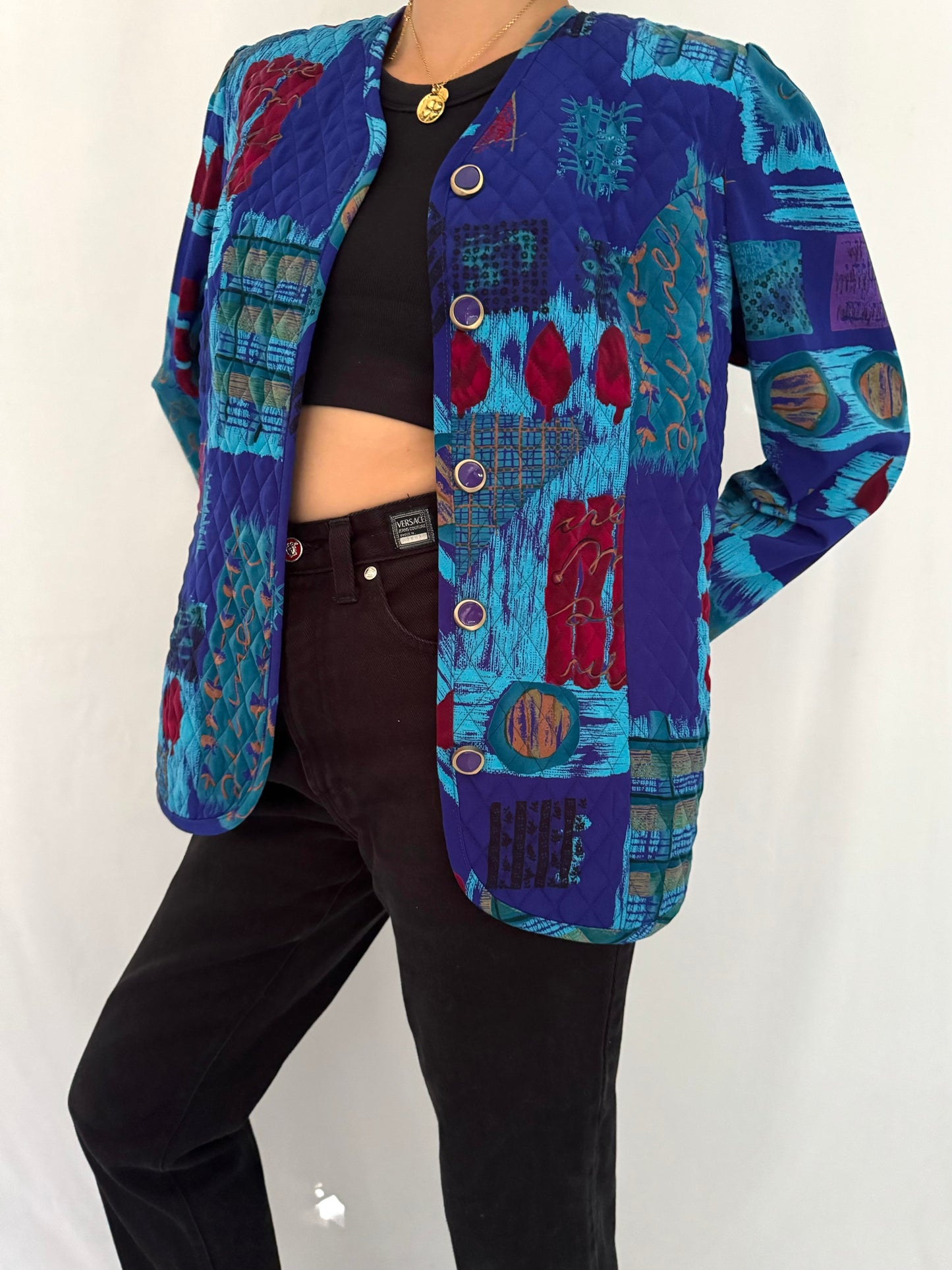 80s vintage blue abstract quilted button up jacket - medium, large | puffy light long sleeved blazer coat