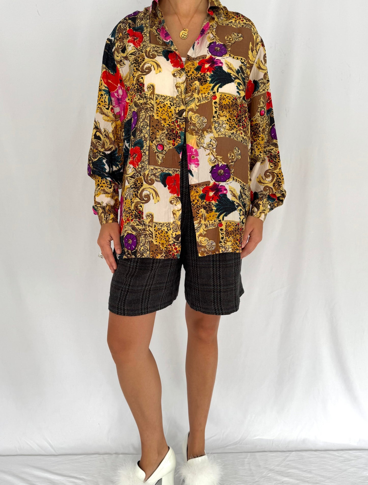 80s vintage multicolor baroque abstract print pure silk button up blouse