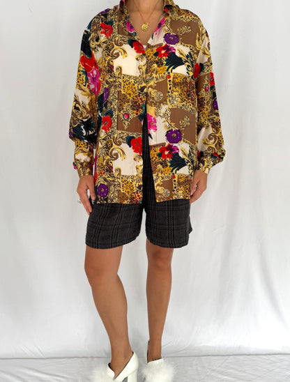 80s vintage multicolor baroque abstract print pure silk button up blouse