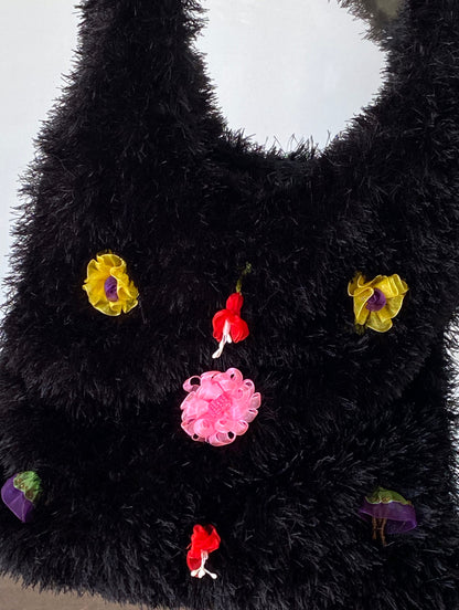 y2k vintage black plushy fluffy embellished floral large tote bag