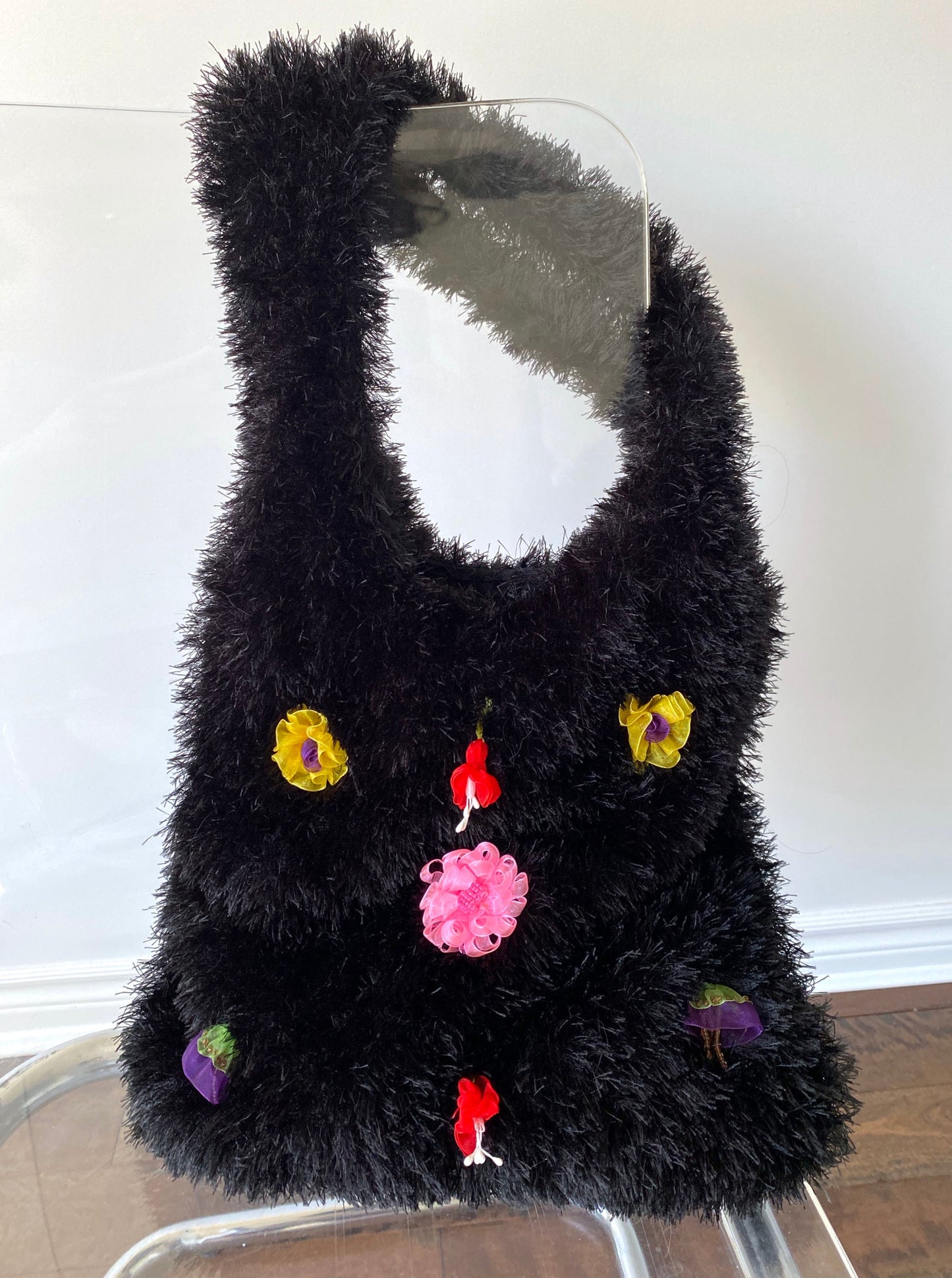 y2k vintage black plushy fluffy embellished floral large tote bag