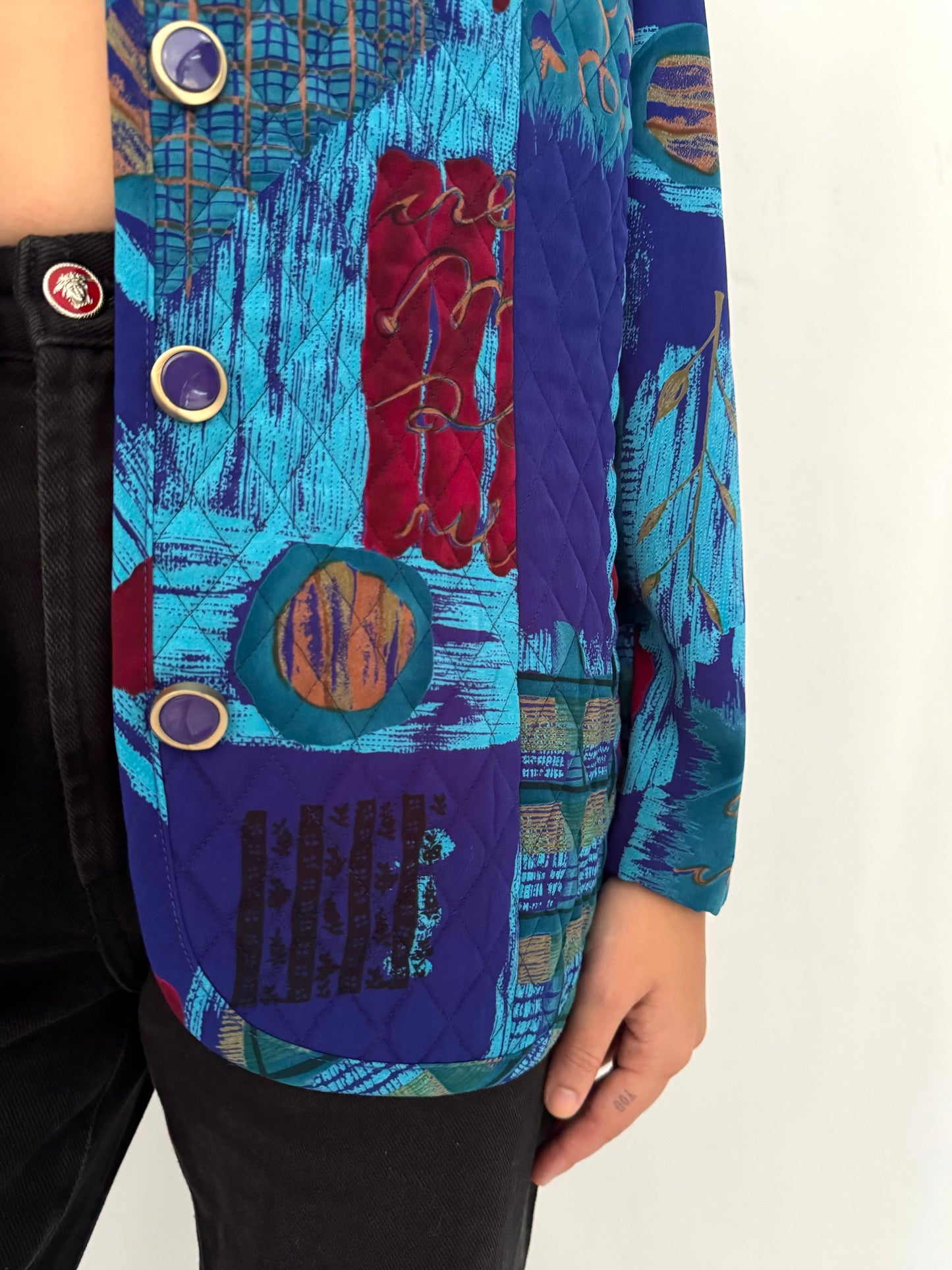 80s vintage blue abstract quilted button up jacket - medium, large | puffy light long sleeved blazer coat