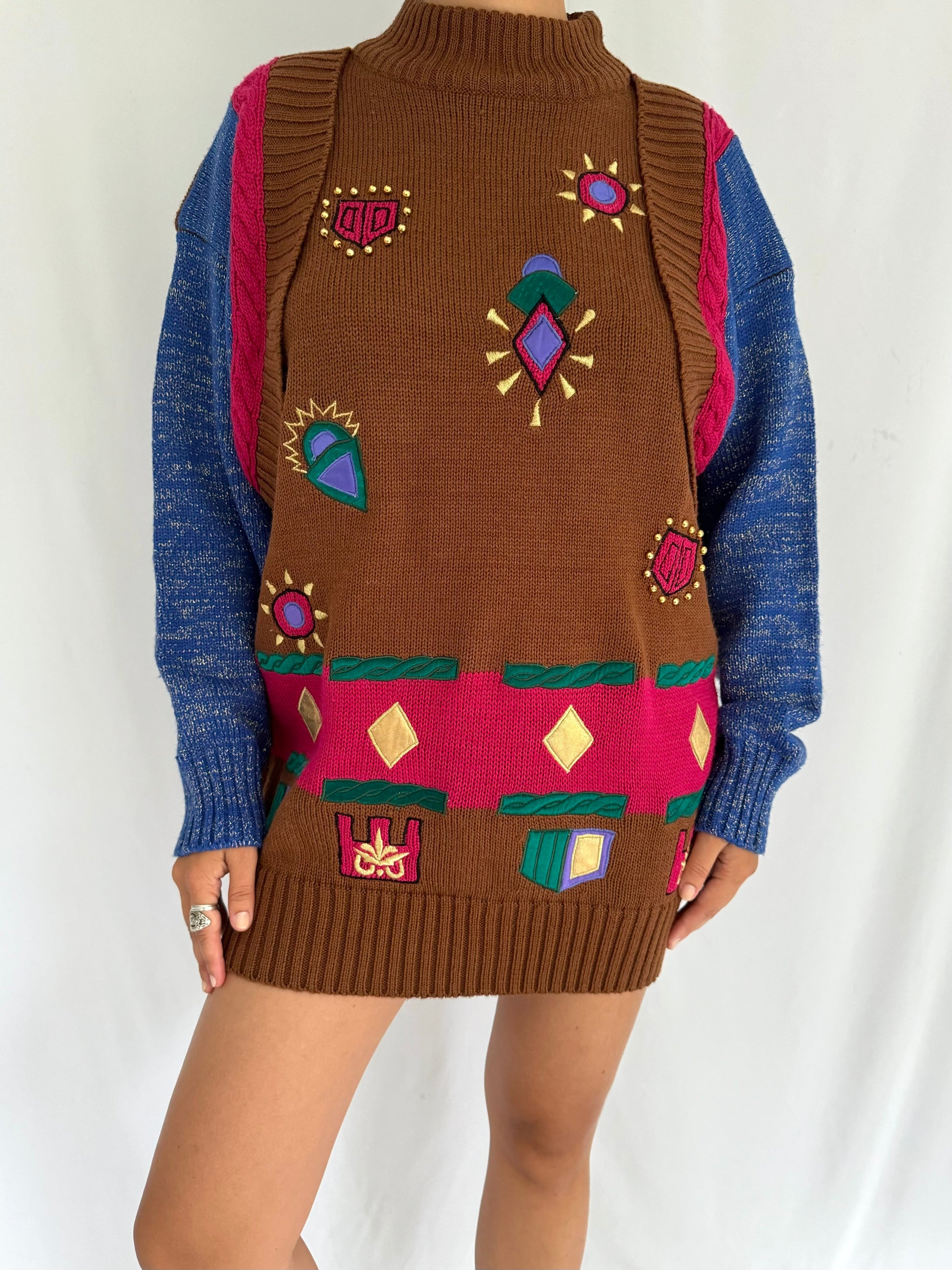 80s vintage multicolor crazy abstract print tunic sweater