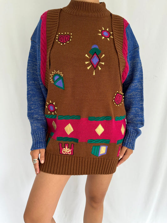 80s vintage multicolor crazy abstract print tunic sweater – one size | unique embroidered knit jumper