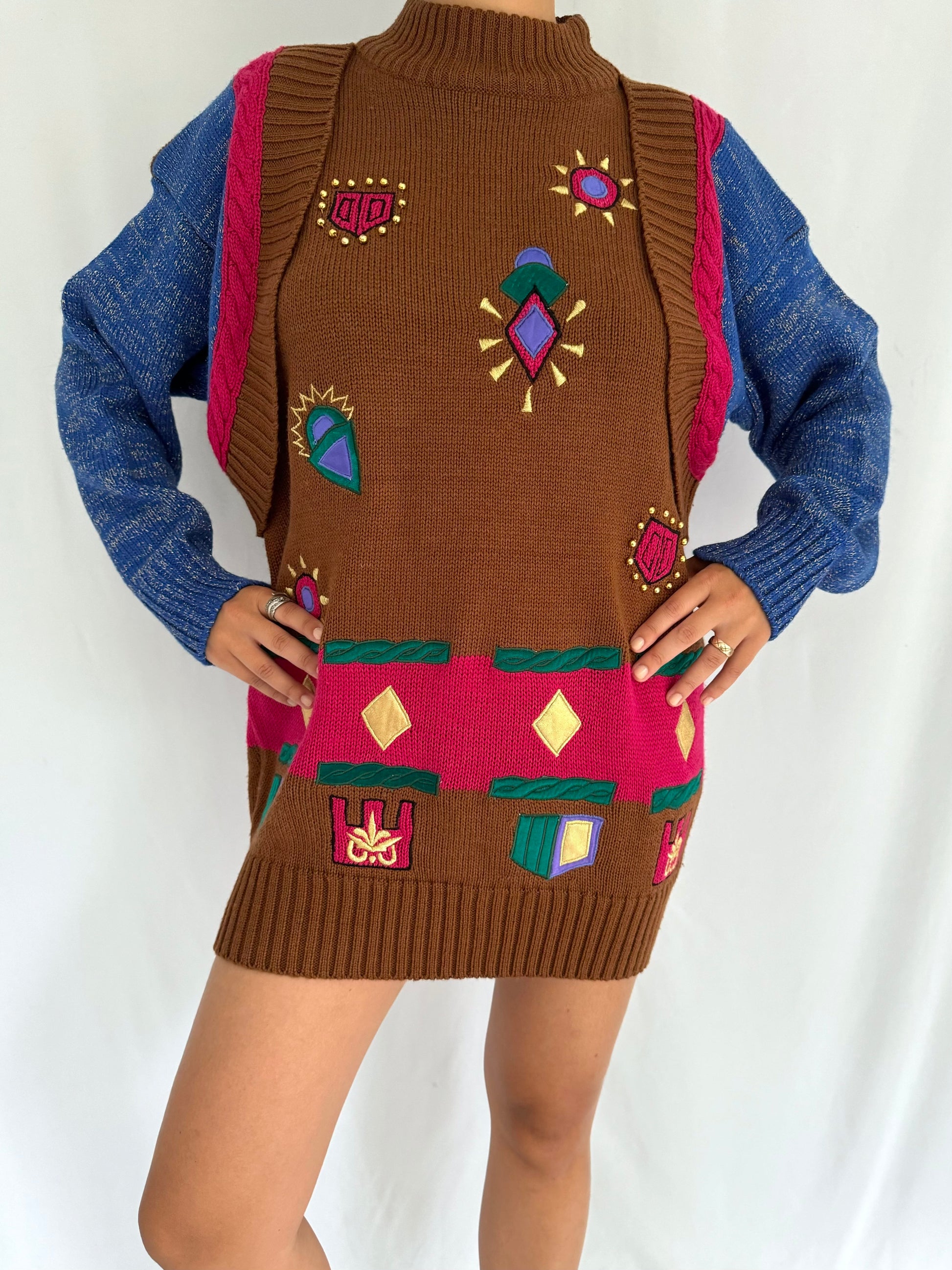 80s vintage multicolor crazy abstract print tunic sweater