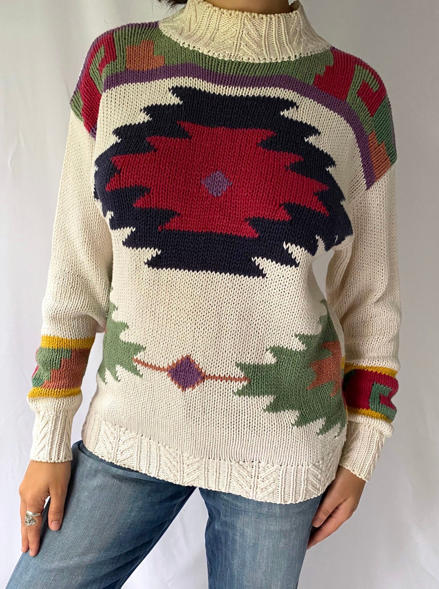 90s vintage multicolor southwestern Aztec cable knit sweater