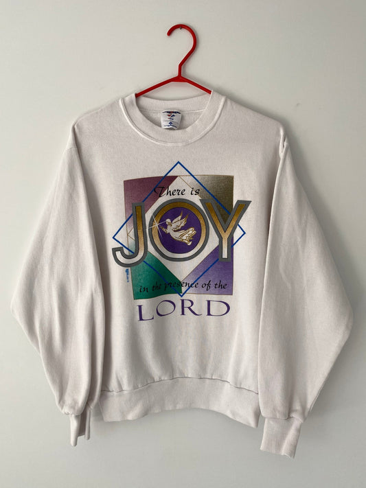 90s vintage white joy of the lord holiday graphic pullover sweater – small | unisex christmas angels cotton long sleeved sweatshirt