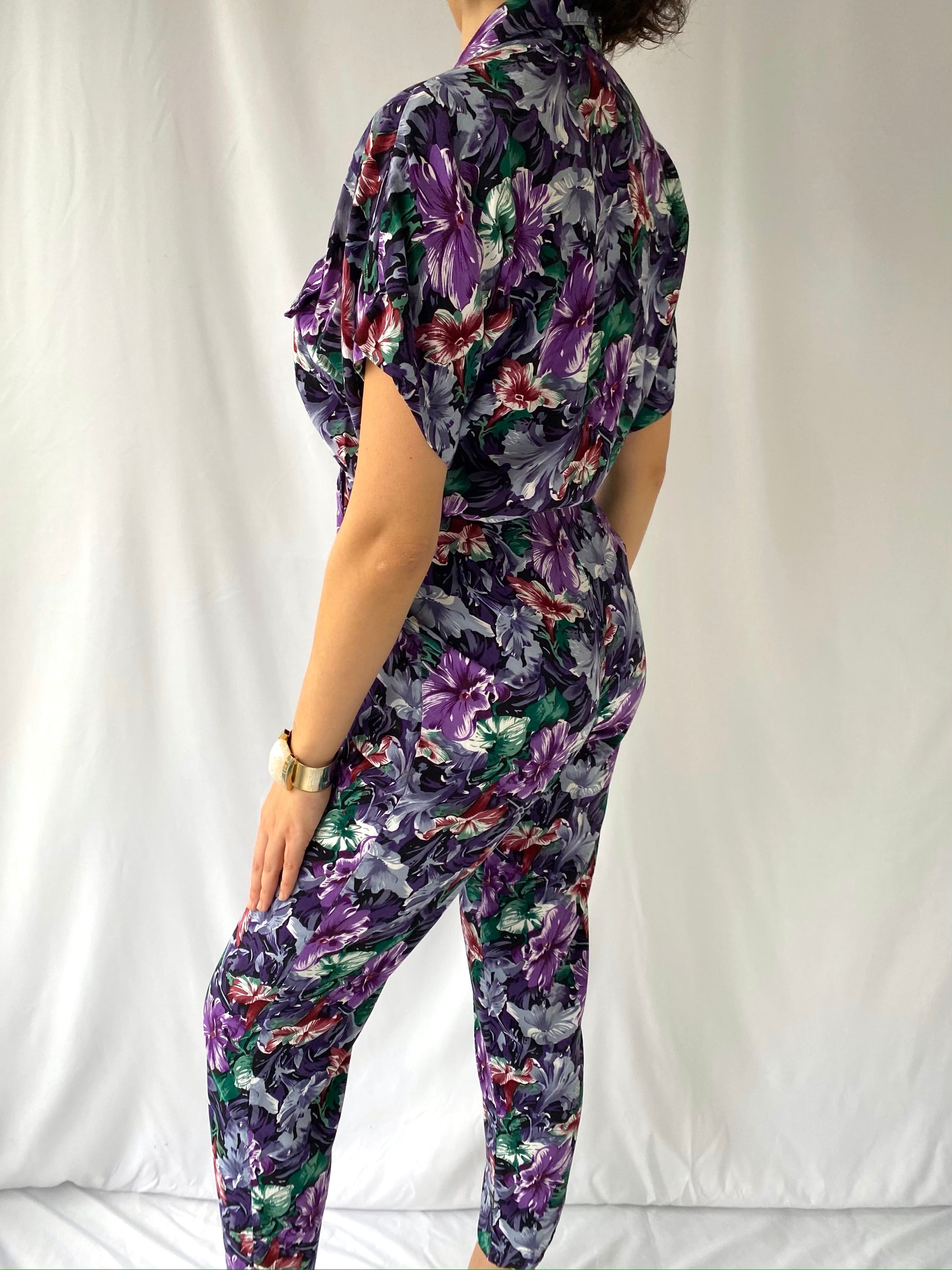 80s 90s vintage purple multicolor floral short sleeved collared jumpsuit 