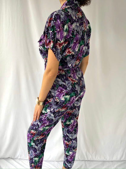 80s 90s vintage purple multicolor floral short sleeved collared jumpsuit 