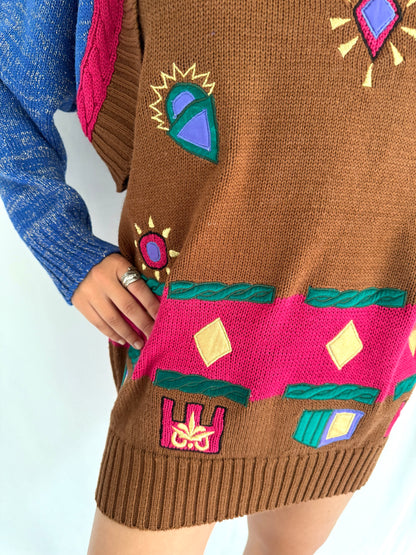 80s vintage multicolor crazy abstract print tunic sweater