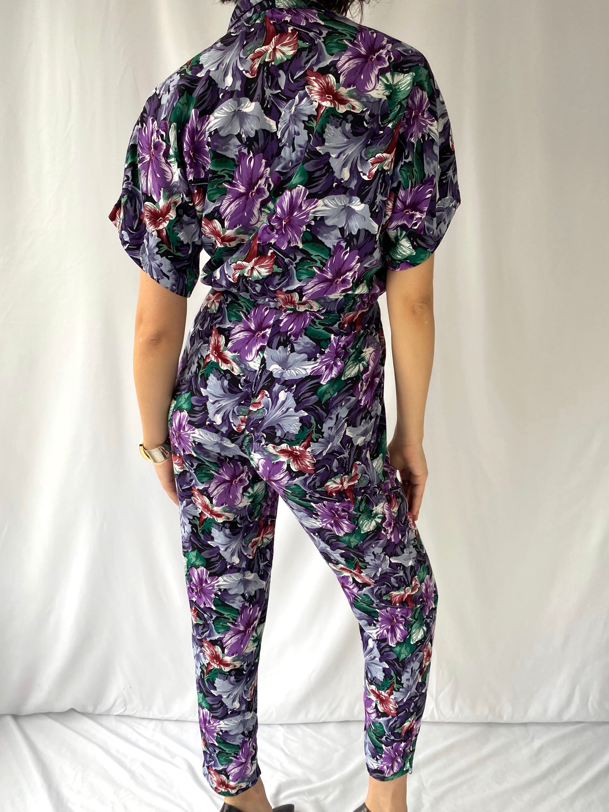 80s 90s vintage purple multicolor floral short sleeved collared jumpsuit 
