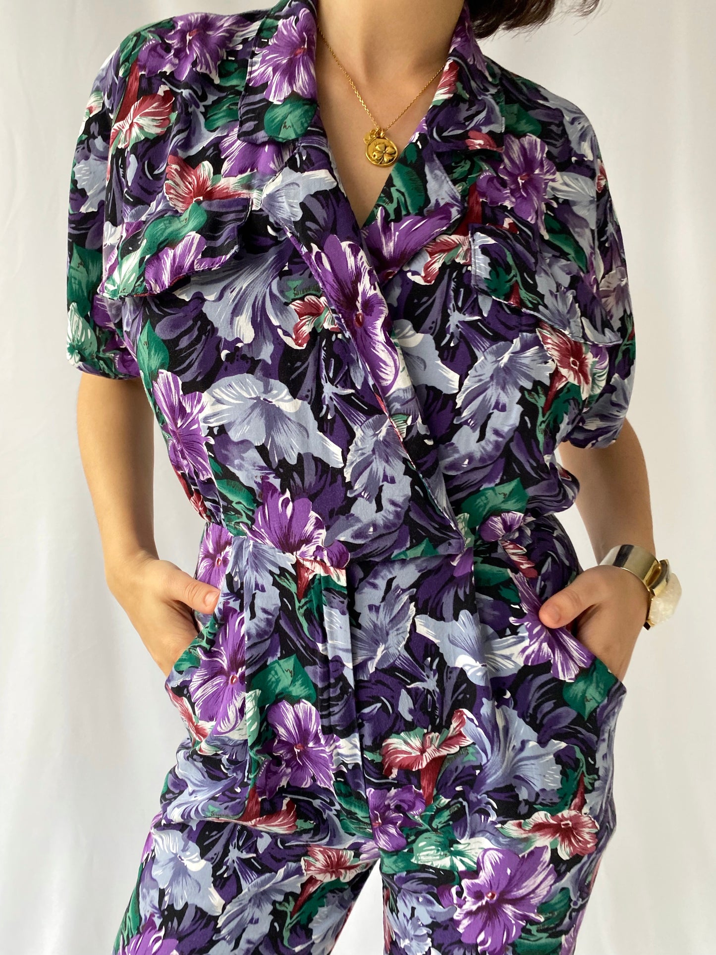 80s 90s vintage purple multicolor floral short sleeved collared jumpsuit 