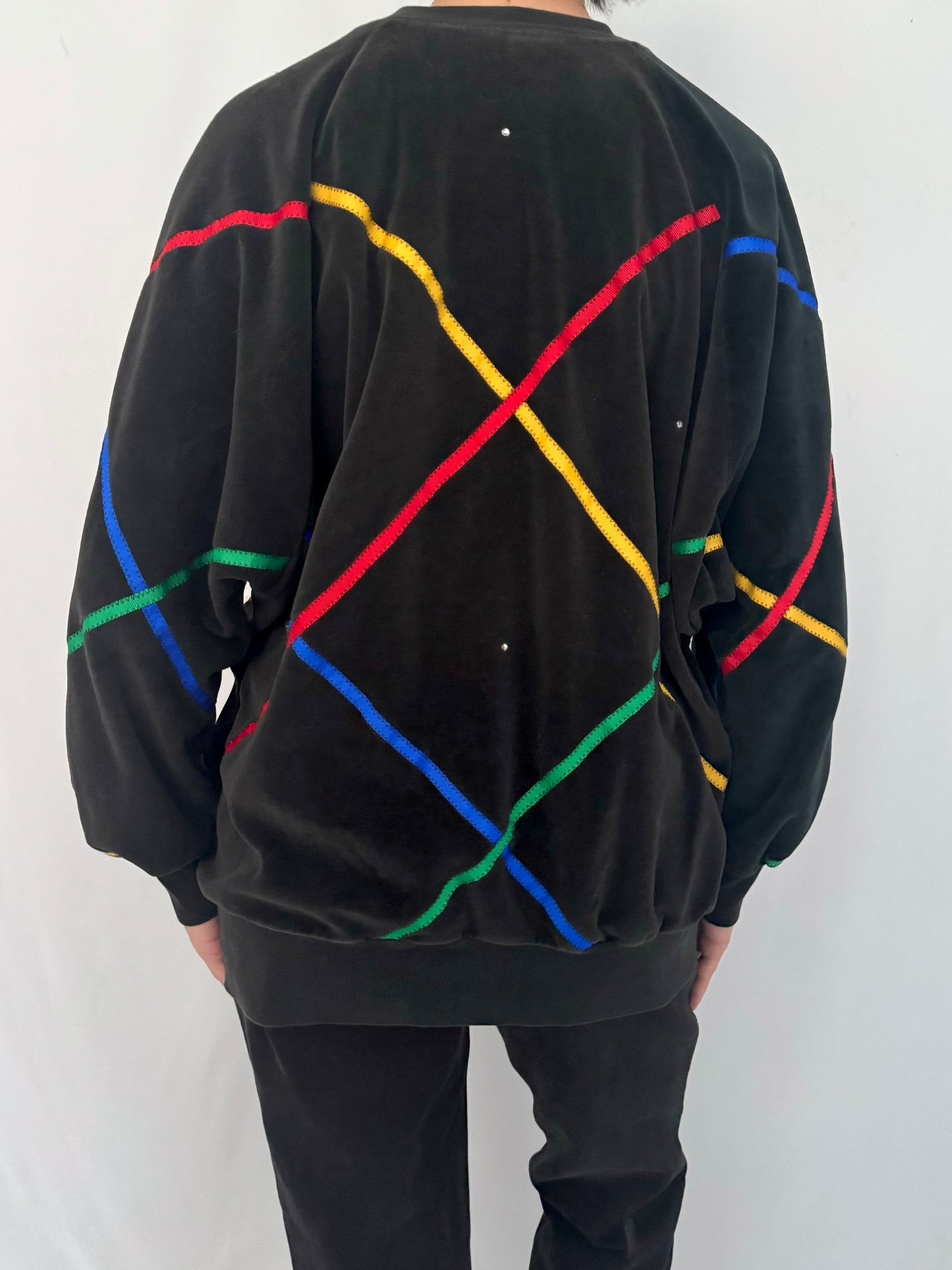 80s vintage black rainbow striped velour track jacket – small, medium | retro funky casual sporty abstract zip up sweatshirt