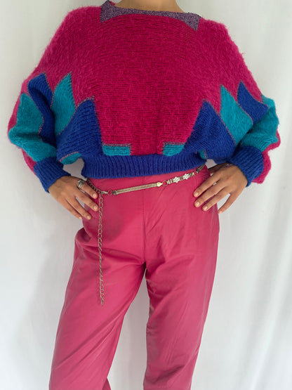 80s vintage hot pink blue sparkly cropped sweater – small | unique bright retro fuzzy long sleeved jumper