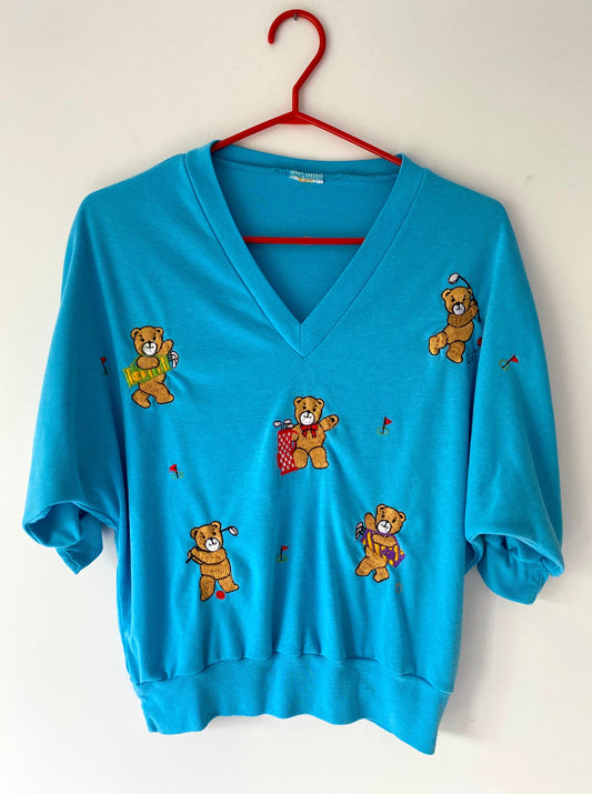 80s vintage blue embroidered bears golf slouchy half sleeve pullover shirt – small medium | novelty cartoon animal golfing top