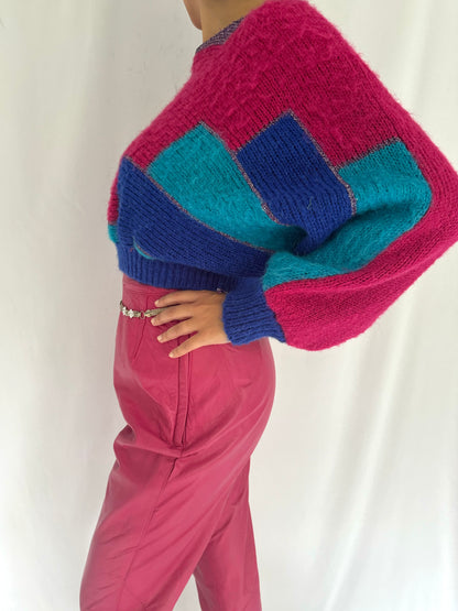 80s vintage hot pink blue sparkly cropped sweater – small | unique bright retro fuzzy long sleeved jumper