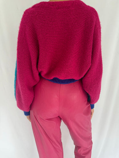 80s vintage hot pink blue sparkly cropped sweater – small | unique bright retro fuzzy long sleeved jumper