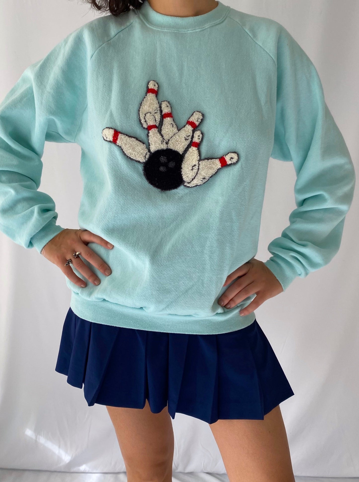 90s vintage aqua bowling crewneck pullover sweater – large | handmade novelty unique cute unisex sweatshirt