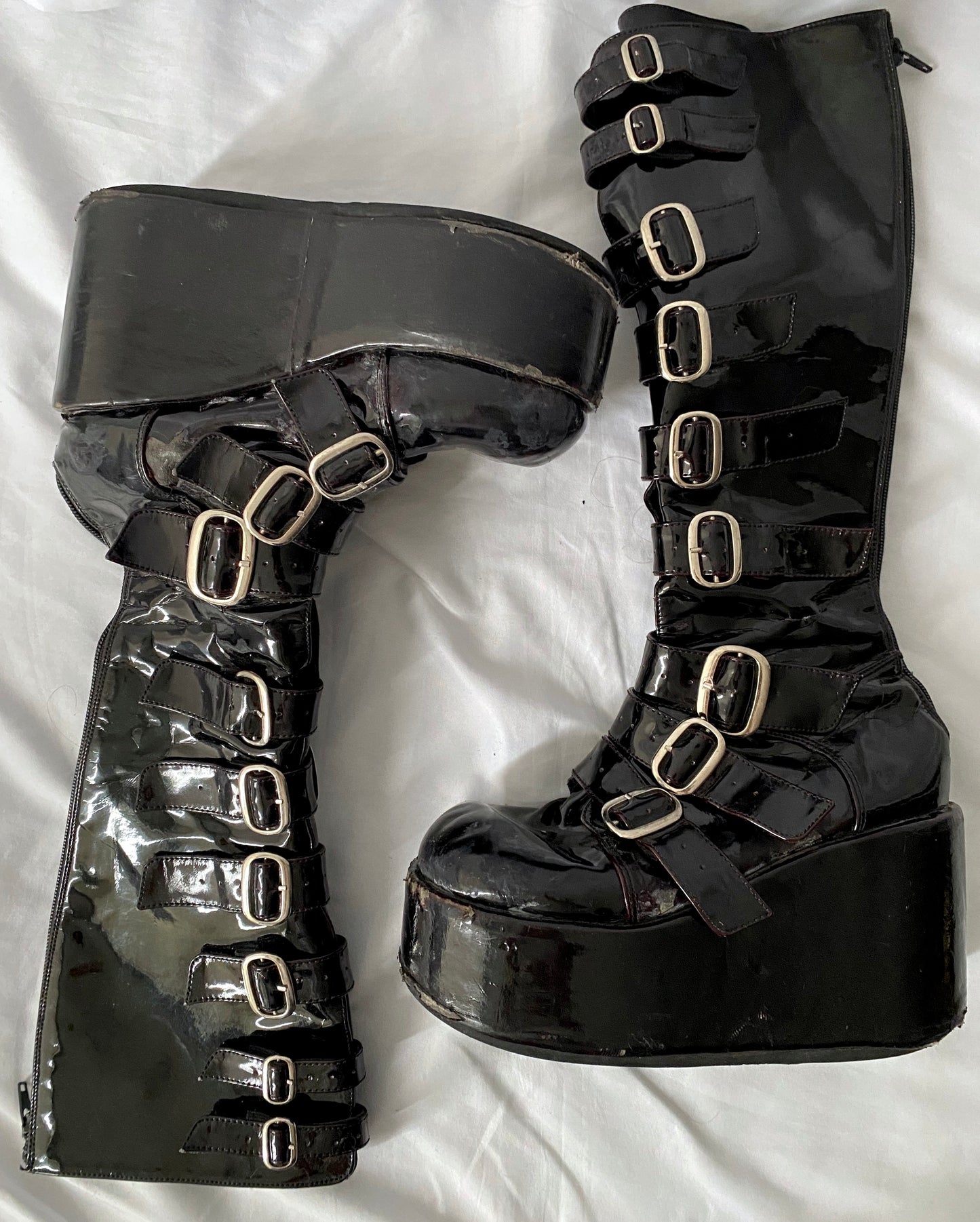 90s vintage shiny black patent demonia platform boots - womens size 7.5