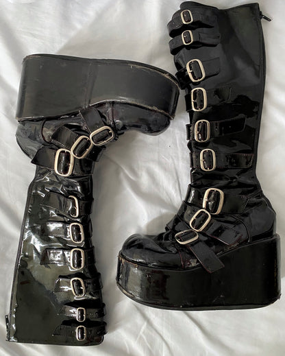 90s vintage shiny black patent demonia platform boots - womens size 7.5