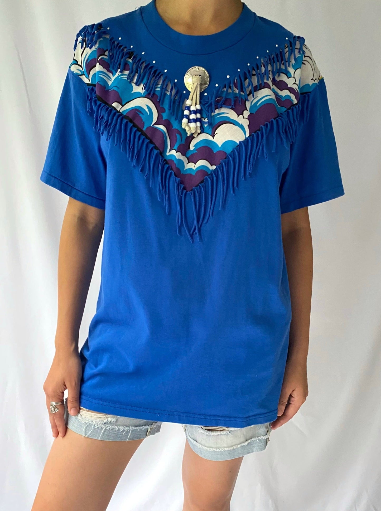 90s vintage blue southwestern fringed beaded crew tee shirt – medium, large | crazy novelty Aztec short sleeved tshirt