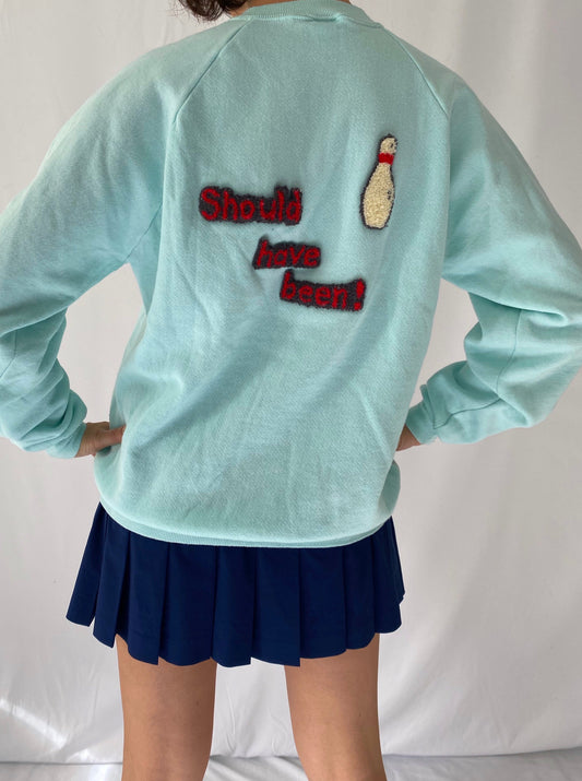 90s vintage aqua bowling crewneck pullover sweater – large | handmade novelty unique cute unisex sweatshirt