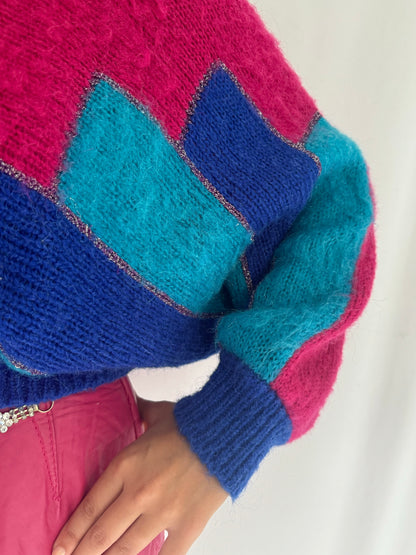 80s vintage hot pink blue sparkly cropped sweater – small | unique bright retro fuzzy long sleeved jumper