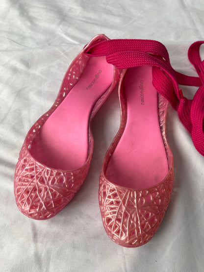 y2k vintage pink jelly lace up ballet flats - womens size 37 size 6.5 7 | ballerina rave kawaii plastic rubber flats