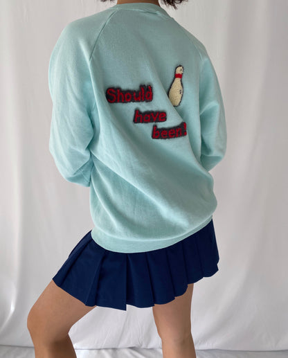 90s vintage aqua bowling crewneck pullover sweater – large | handmade novelty unique cute unisex sweatshirt