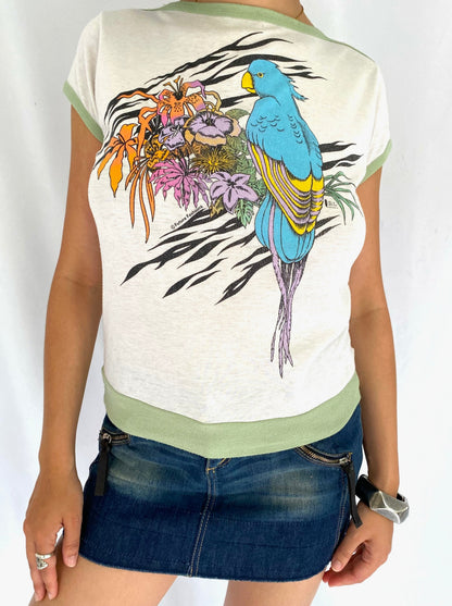 80s vintage colorful tropical parrot bird baby tee