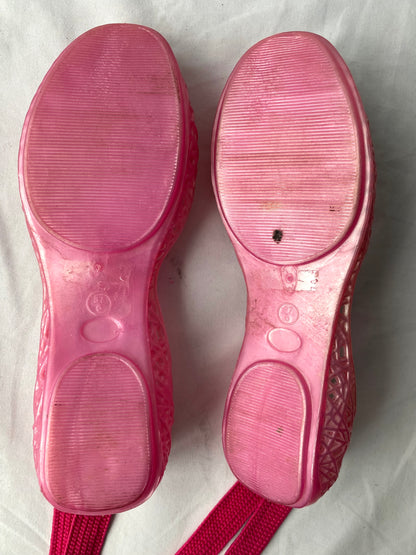 y2k vintage pink jelly lace up ballet flats - womens size 37 size 6.5 7 | ballerina rave kawaii plastic rubber flats