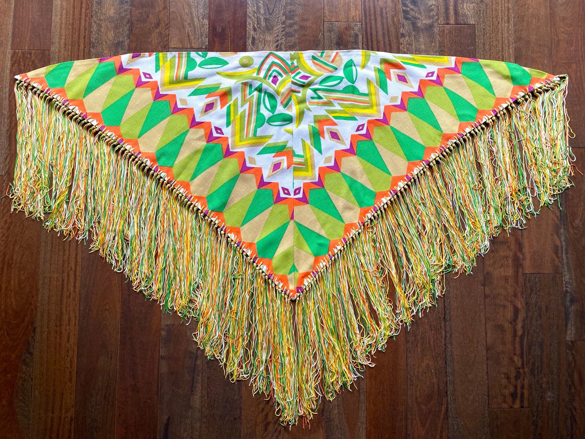 vintage unique green orange large triangle scarf with fringed hem