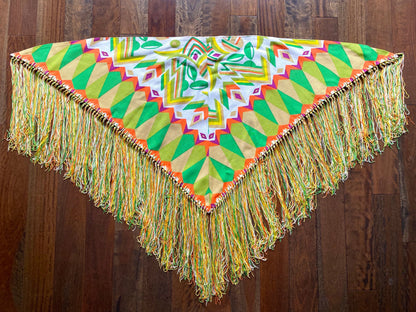 vintage unique green orange large triangle scarf with fringed hem