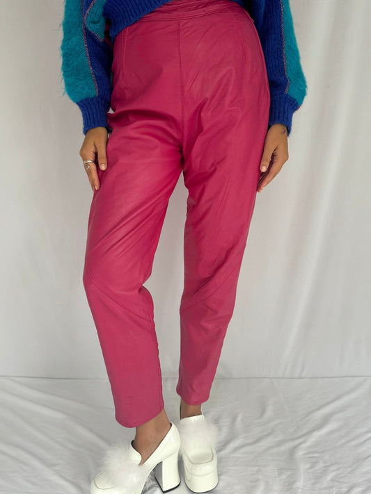 80s vintage hot pink tapered leather pants – small | colorful bright high rise waist cropped trousers