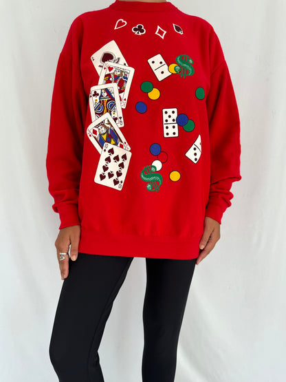 80s vintage red casino poker games night pullover sweater – medium | novelty print playing cards las vegas crewneck sweatshirt