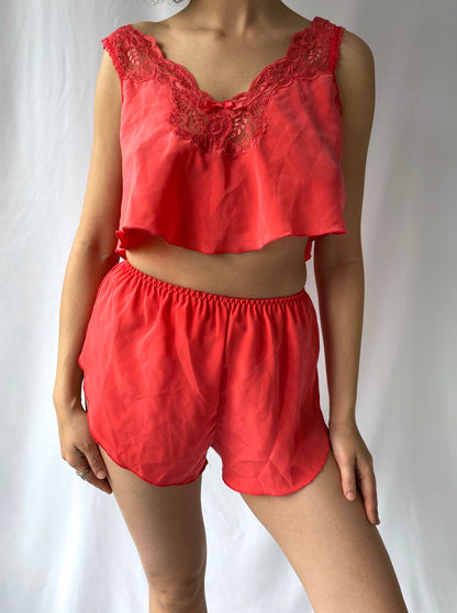 80s vintage pink lingerie camisole mini shorts matching set - small | silky lace sexy cute bow crop top pajama lounge two 2 piece coord set