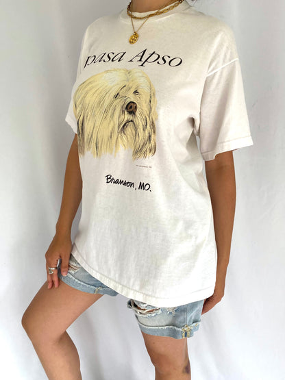 90s vintage white dog lhasa apso graphic tee shirt - large | missouri usa animal unisex cotton tshirt