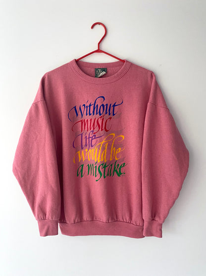 90s vintage pink music lover graphic quote pullover sweater – small, medium | sheet music notes crewneck sweatshirt