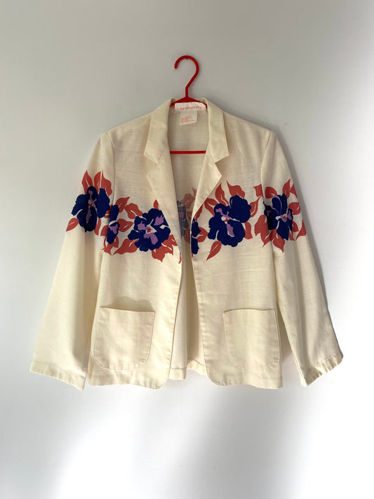 90s vintage cream floral hibiscus print open front blazer – small | hawaiian tropical artsy collared jacket