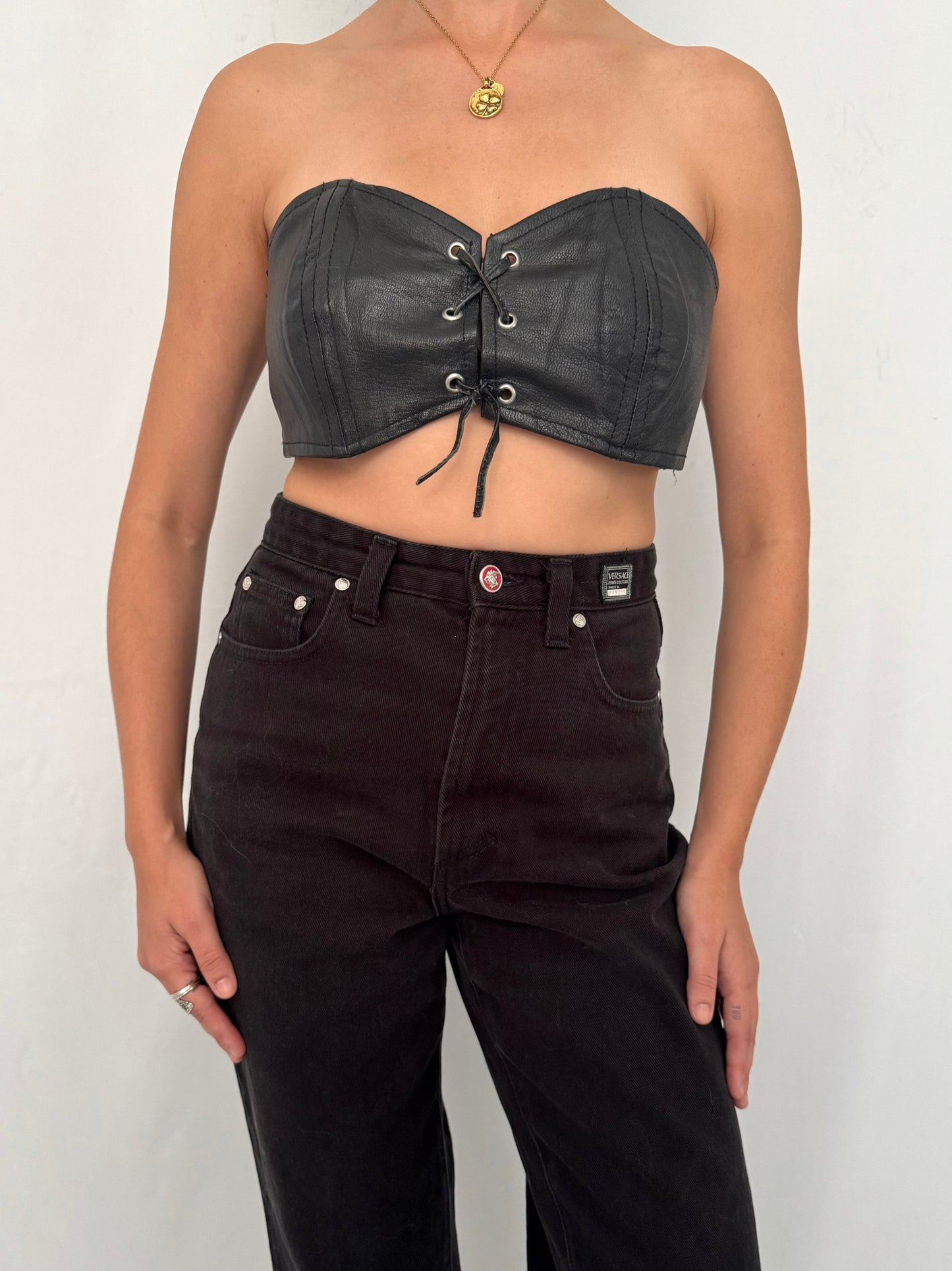 80s vintage black leather biker strapless bandeau bra
