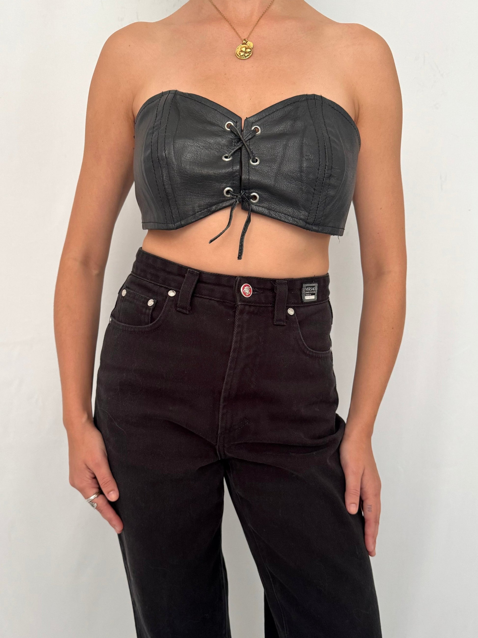 80s vintage black leather biker strapless bandeau bra