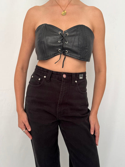 80s vintage black leather biker strapless bandeau bra – medium, large | retro corset bustier tie up bralette crop top