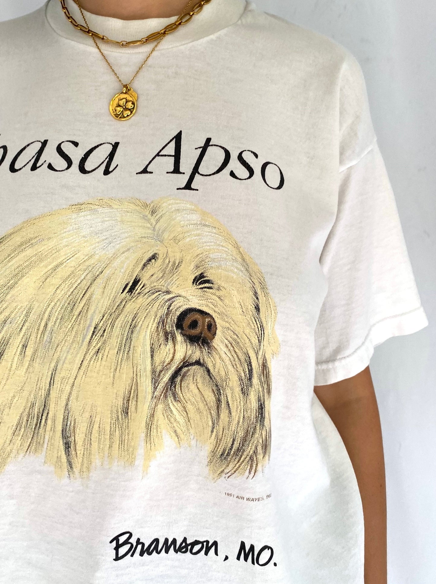 90s vintage white dog lhasa apso graphic tee shirt - large | missouri usa animal unisex cotton tshirt