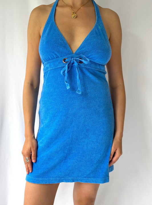 90s y2k vintage blue ralph lauren polo terry cloth halter dress – small, medium | backless cotton vacation summer dress