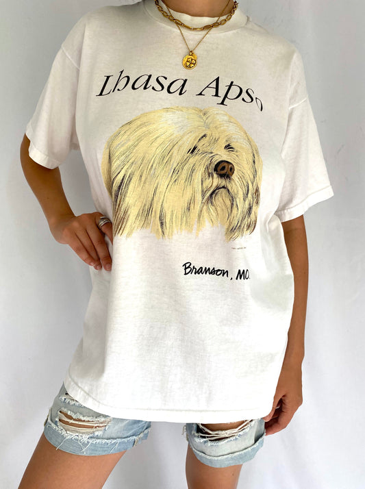 90s vintage white dog lhasa apso graphic tee shirt - large | missouri usa animal unisex cotton tshirt