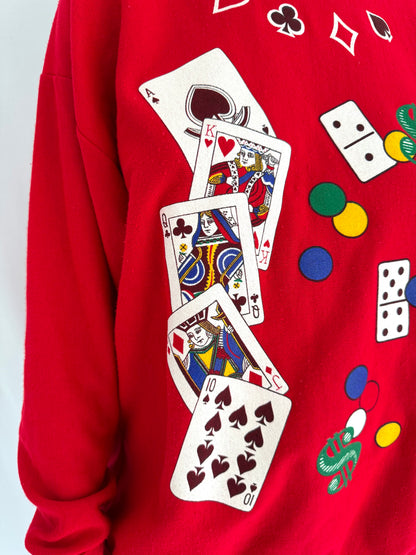 80s vintage red casino poker games night pullover sweater – medium | novelty print playing cards las vegas crewneck sweatshirt