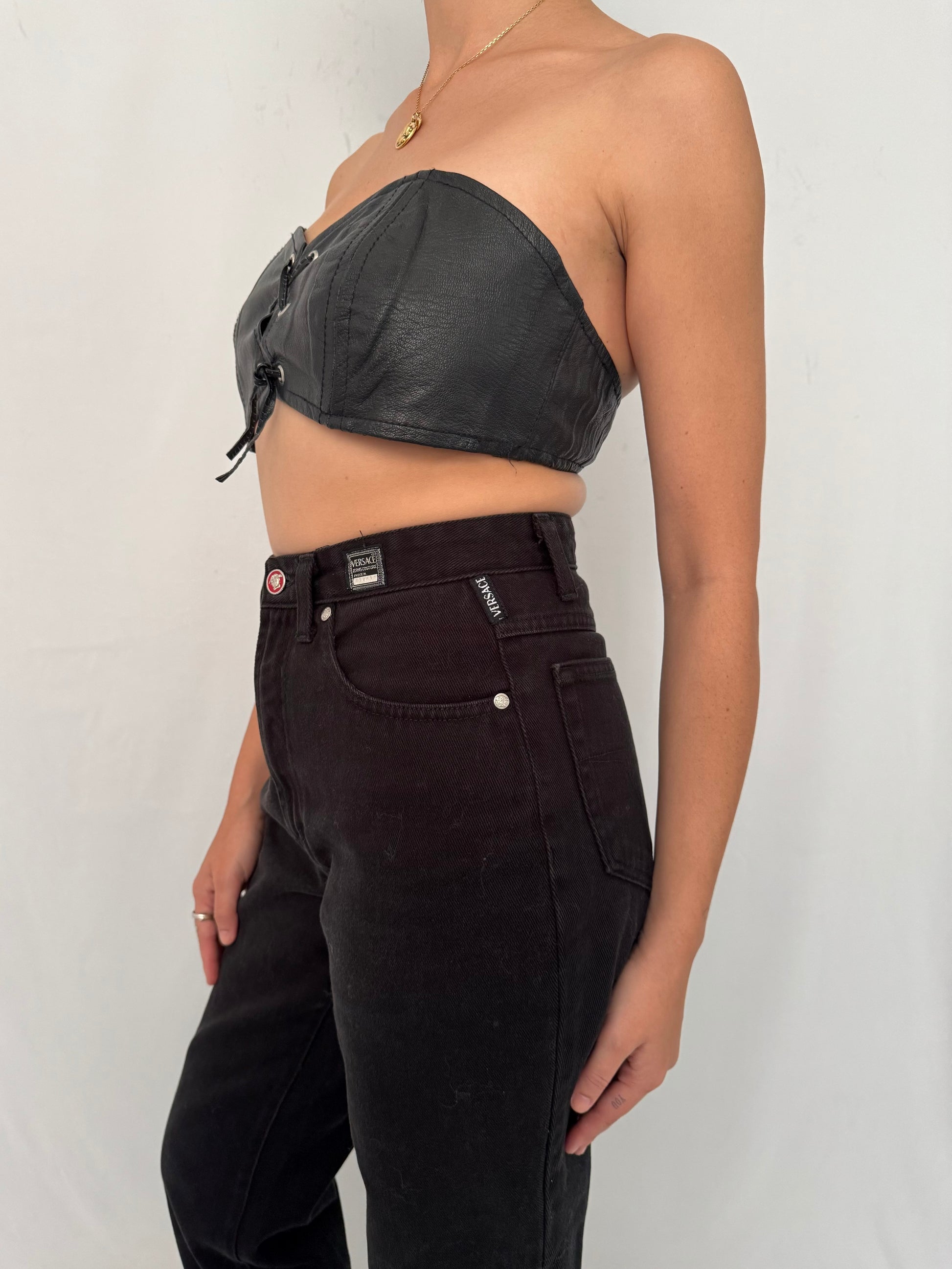 80s vintage black leather biker strapless bandeau bra